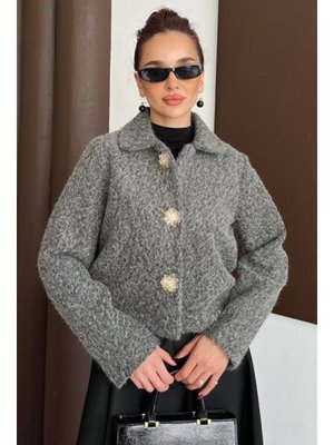 Podyumplus Gri Tedy Çiçek Düğmeli Ceket