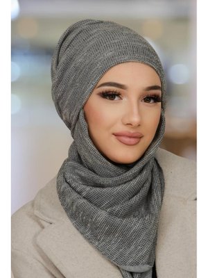 AİŞE TESETTÜR Gri Desen Kelebek Bone Şal