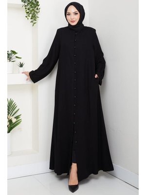 Hafsa Mina Siyah Kolu Pensli Düğmeli Ferace