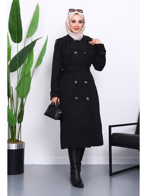 İmaj Butik Siyah Kruvaze Yaka Astarlı Trençkot