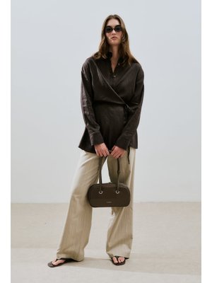 MANUKA Acı Kahve Keten Bağlama Detaylı Gömlek