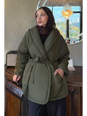 Salih Çelebi Koyu Haki Düz Kuşaklı Şişme Mont