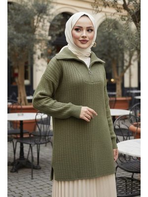 Neva Style Fitilli Yağ Yeşili Triko Kazak Tunik 85521yy
