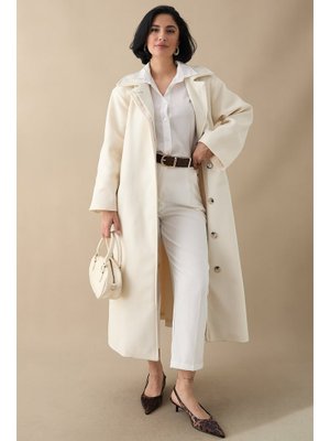 InStyle Astarlı Gizli Patlı Kuşaklı Krem Kaşe Kaban