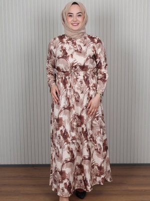 Moda Gazel Kahverengi Bağlamalı Detaylı Desenli Elbise