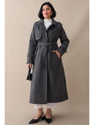 InStyle Tek Kapaklı Cepli Kuşaklı Antrasit Kaşe Kaban