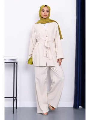 İmaj Butik Taş Bel Kuşaklı Keten Kimono Pantolonlu Takım