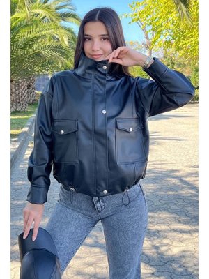 Tofisa Siyah Sıyah Kapak Cepli Deri Ceket