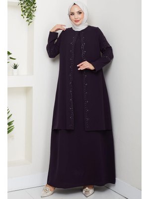 Hafsa Mina Mor Büyük Beden Boncuklu Taşlı Anne Elbisesi