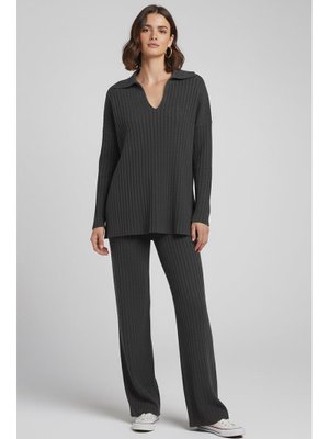 Tofisa Fume Füme Polo Yaka Fitilli Kaşkorse İkili Takım