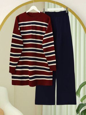 Podyumplus Bordo Yuvarlak Yaka Renkli Çizgili Salaş Triko Takım