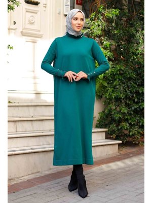 Pamuk Butik Merserize Yakası Taş Detaylı Fırfırlı Triko Elbise