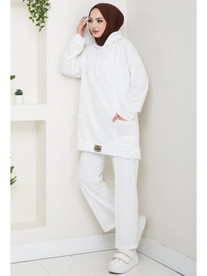 Bestenur Beyaz Çift Cepli Kapüşonlu İkili Takım