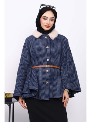 İmaj Butik İndigo Yaka Kürklü Kemerli Panço