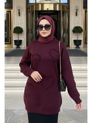 Neva Style Kalp Desenli Bordo Triko Kazak Tunik 8802br