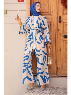 Neva Style Desenli İndigo Mavisi İkili Kimono Takım 12123ım