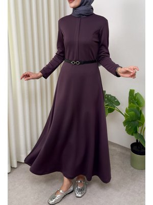 Salih Çelebi Mor Scuba Suni Deri Kemerli Elbise