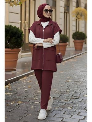 İmaj Butik Bordo Scuba Yelek Pantolonlu Üçlü Takım