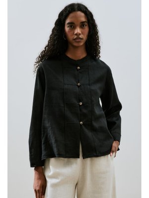 MANUKA Siyah Keten Önden Düğmeli Gömlek