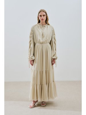 MANUKA Uzun Büzgülü Şifon Elbise Adaçayı