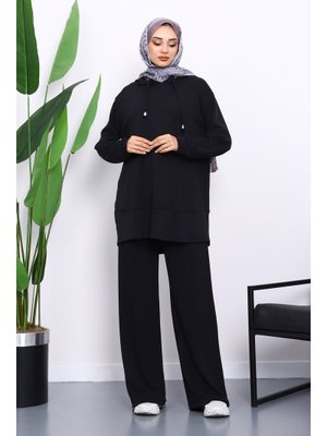 İmaj Butik Siyah Kapüşonlu Tunik Pantolonlu Takım