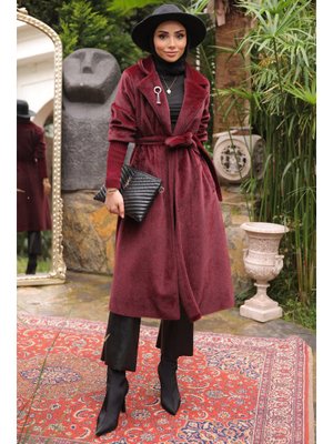 İmaj Butik Bordo Kolları Örgü Detaylı Angora Kaban