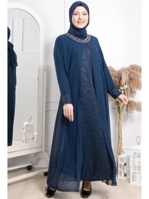 MODAVİKİ Lacivert Taş İşlemeli Şifon Abiye