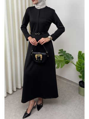 Salih Çelebi Siyah Scuba Suni Deri Kemerli Elbise