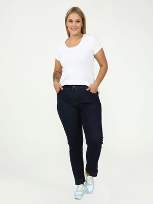 IŞŞIL Büyük Beden Bilek Boy Esnek Kot Pantolon Koyu Mavi