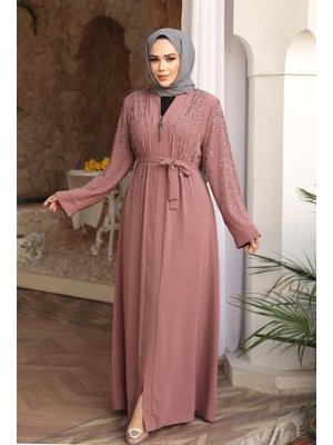Neva Style Boncuk İşlemeli Açık Gül Kurusu Abaya 29111agk