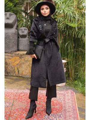 İmaj Butik Siyah Kolları Örgü Detaylı Angora Kaban