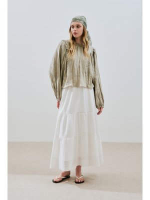 MANUKA Yeşil Keten Crush Efektli Bluz