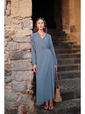 MANUKA Dokulu Kruvaze Kapamalı Elbise İndigo