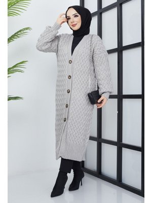 Pamuk Butik Antrasit Sepet Örgü Düğmeli Tam Boy Triko Hırka