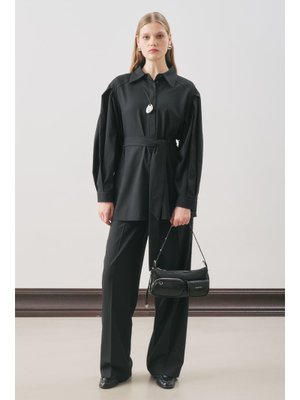 MANUKA Siyah Geniş Kol Kemerli Gömlek