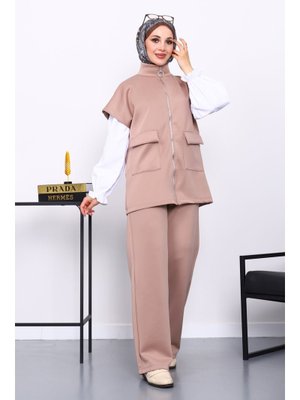 İmaj Butik Vizon Fermuarlı Cepli Yelek Pantolonlu Scuba Takım