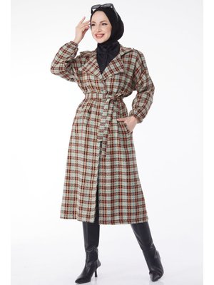 Tofisa Vizon Vızon Kruvaze Yaka Kuşaklı Kaşe Kaban