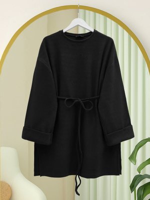 Podyumplus Siyah Kolu Katlı Beli Bağlamalı Yırtmaçlı Selanik Tunik