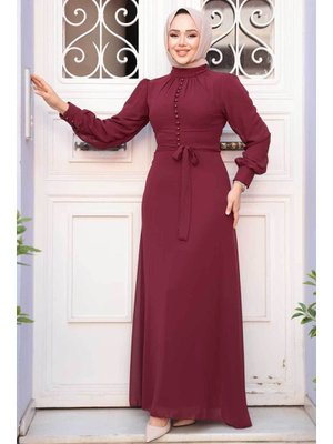 Neva Style Düğme Detaylı Vişne Elbise 2703vsn