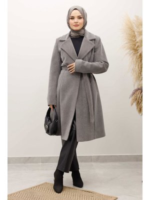Tesettür Dünyası Gri Astarlı Ara Boy Fox Kaban