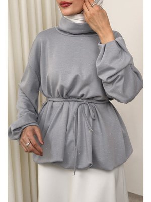 Salih Çelebi Gri Taş Detaylı Salaş Swit Bluz