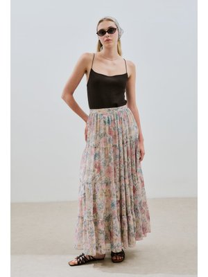MANUKA Uzun Büzgülü Şifon Etek Pastel Floral