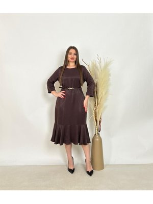 De White`s Büyük Beden Alt Etek Kısmı Balık Detaylı Kemerli Elbise Kahve