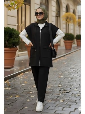 İmaj Butik Siyah Scuba Yelek Pantolonlu Üçlü Takım