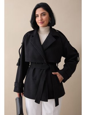 InStyle Kolu Apolet Kaşe Siyah Kısa Kaban