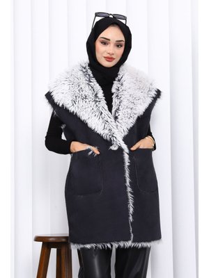 İmaj Butik Siyah Kruvaze Yaka İçi Kürklü Süet Yelek