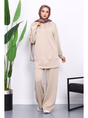 İmaj Butik Bej Kapüşonlu Tunik Pantolonlu Takım