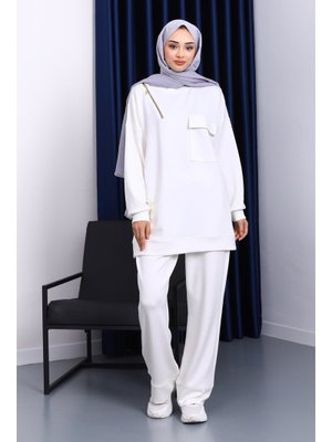 İmaj Butik Ekru Tek Cepli Tunik Pantolonlu Modal Takım