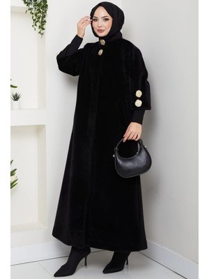 Hafsa Mina Siyah Gold Düğmeli Tam Boy Kaban