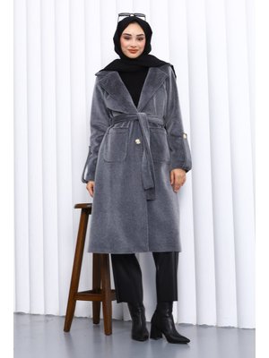 İmaj Butik Füme Kruvaze Yaka Kol Apoletli Angora Kaban